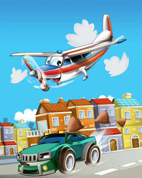 Cartoon scene with super car racing and observing plane is flying over - illustration for children — Stock Photo, Image