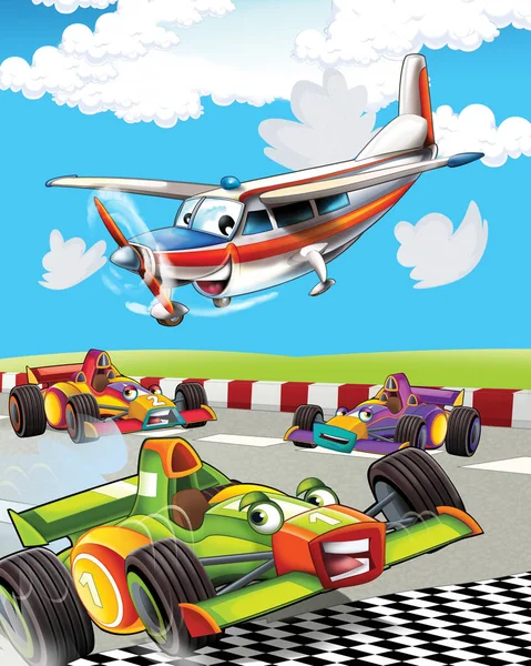 Cartoon scene with super car racing and observing plane is flying over - illustration for children — Stock Photo, Image