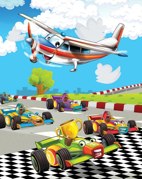 Escena de dibujos animados con super coche de carreras y avión de observación está volando sobre - ilustración para los niños —  Fotos de Stock