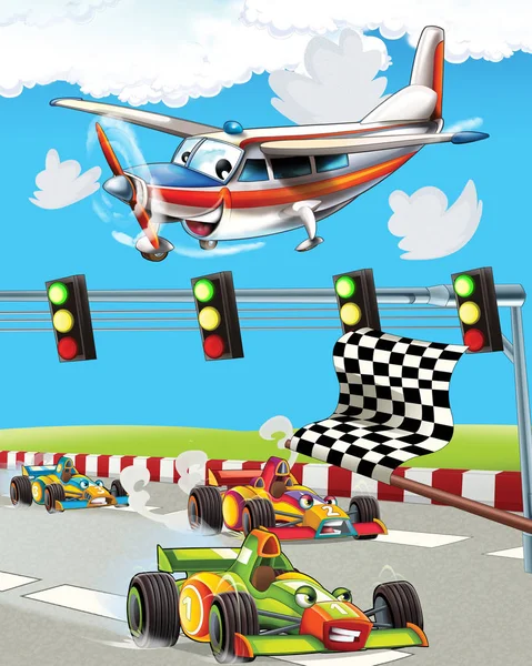 Süper araba yarışları ve gözlem uçağının üzerinde uçtuğu karikatür sahnesi - çocuklar için illüstrasyon — Stok fotoğraf