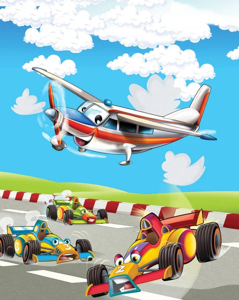Σκηνή κινουμένων σχεδίων με σούπερ αγωνιστικά αυτοκίνητα και παρατηρώντας αεροπλάνο πετάει πάνω - εικονογράφηση για τα παιδιά — Φωτογραφία Αρχείου