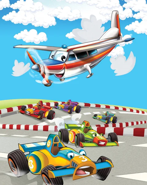 Rajzfilm jelenet szuper autóverseny és megfigyelő sík repül át - illusztráció gyerekeknek — Stock Fotó