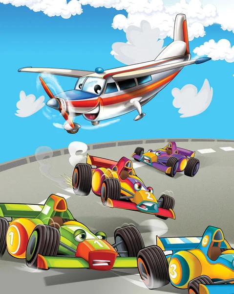 スーパーカーレースや飛行機の観察と漫画シーンが飛んでいます-子供のためのイラスト — ストック写真
