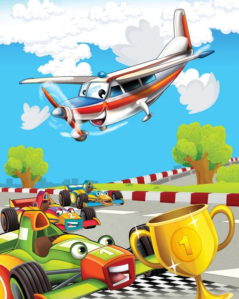 Escena de dibujos animados con super coche de carreras y avión de observación está volando sobre - ilustración para los niños — Foto de Stock
