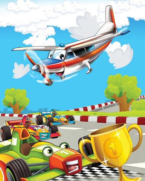 Cartoon scene with super car racing and observing plane is flying over - illustration for children — Stock Photo, Image