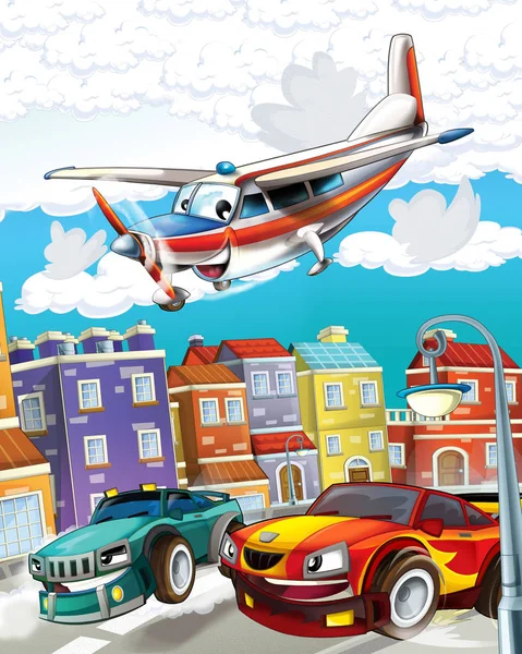 Мультяшна сцена з супер автомобільними гонками і літаком спостереження пролітає ілюстрація для дітей — стокове фото