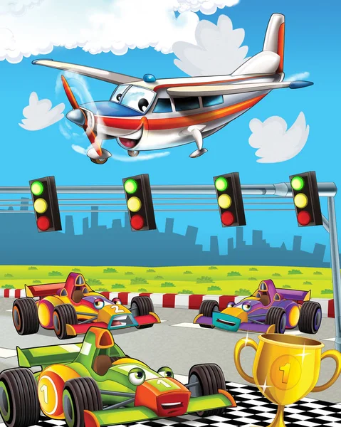 Мультфильм сцена с супер гоночных автомобилей и наблюдая самолет летит над - иллюстрация для детей — стоковое фото