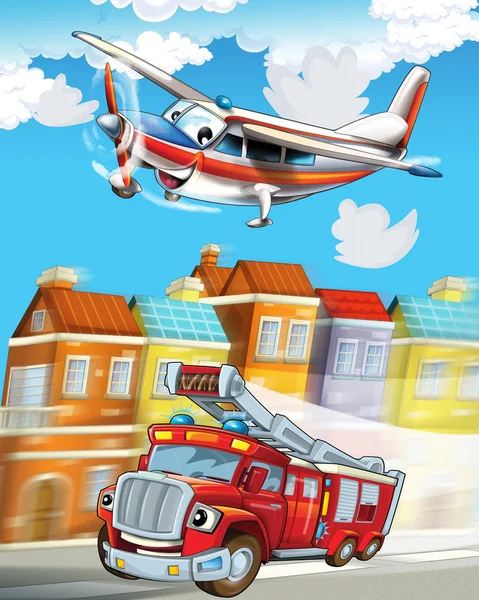재미있어 보이는 만화 영화 소방관 트럭 이 도시를 질주하고 있고 어린이들을 위한 그림 이 위로 날아가고 있다 — 스톡 사진