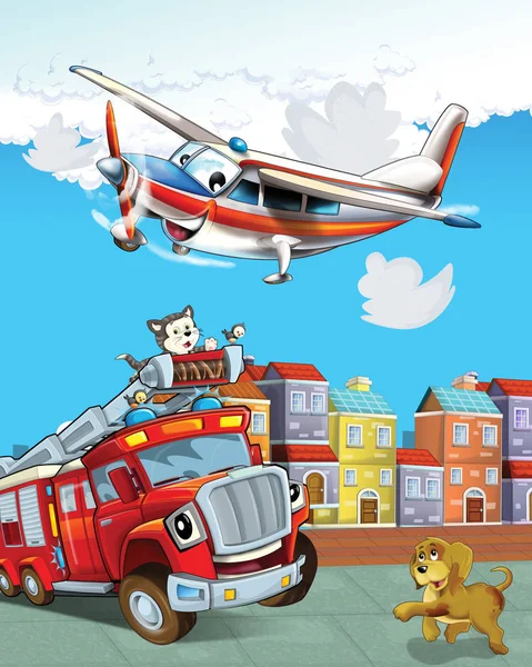 Lustig aussehender Cartoon-Feuerwehrwagen fährt durch die Stadt und Notflugzeug fliegt vorbei - Illustration für Kinder — Stockfoto