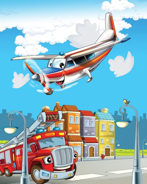 Divertente cercando camion dei pompieri dei cartoni animati guida attraverso la città e aereo di emergenza sorvolando - illustrazione per i bambini — Foto Stock