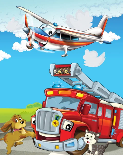 Zabawnie wyglądająca kreskówkowa ciężarówka strażacka przejeżdżająca przez miasto i samolot awaryjny przelatujący nad - ilustracja dla dzieci — Zdjęcie stockowe
