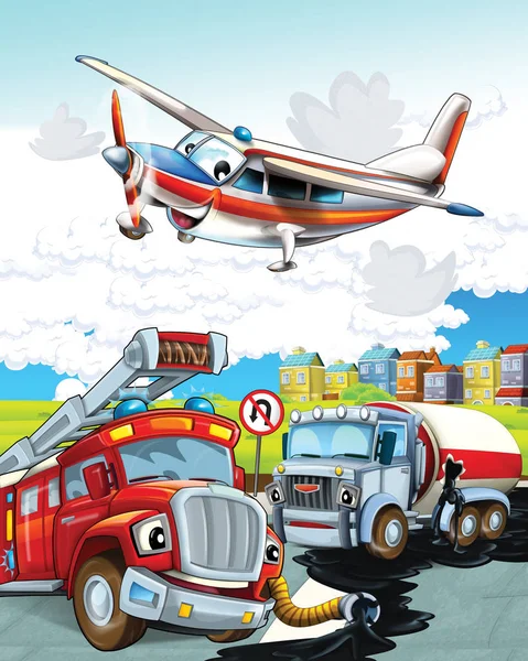 Grappig uitziende cartoon brandweerman vrachtwagen rijden door de stad en noodvliegtuig vliegen over - illustratie voor kinderen — Stockfoto