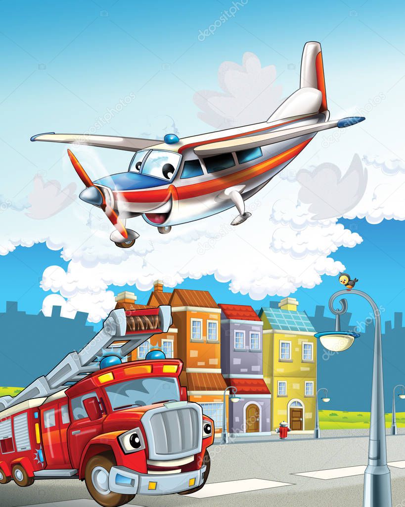 funny looking cartoon fireman truck driving through the city and emergency plane flying over - illustration for children