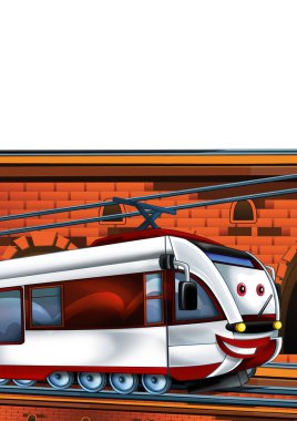 Şehrin yakınındaki tren istasyonunda beyaz zemin üzerinde çizgi film komik görünümlü tren - çocuklar için illüstrasyon