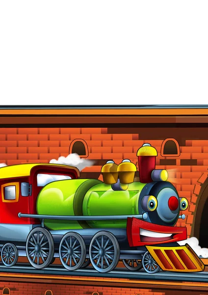 Cartoon funny looking train on the train station near the city on white background - illustration for children — ストック写真