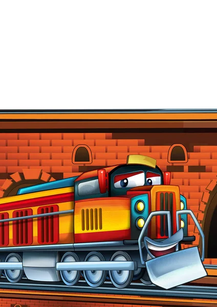 Cartoon funny looking train on the train station near the city on white background - illustration for children — Stock Photo, Image