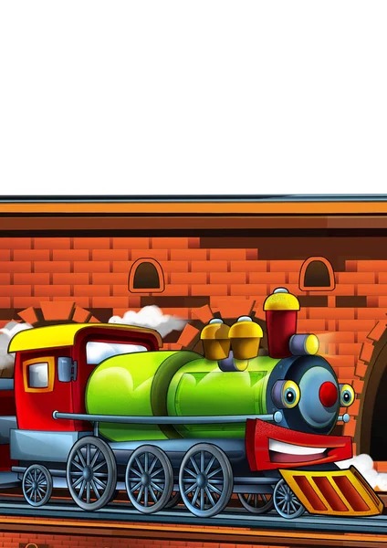 Cartoon funny looking train on the train station near the city on white background - illustration for children — Stock Photo, Image