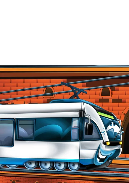 Cartoon lustig aussehender Zug auf dem Bahnhof in der Nähe der Stadt auf weißem Hintergrund - Illustration für Kinder — Stockfoto
