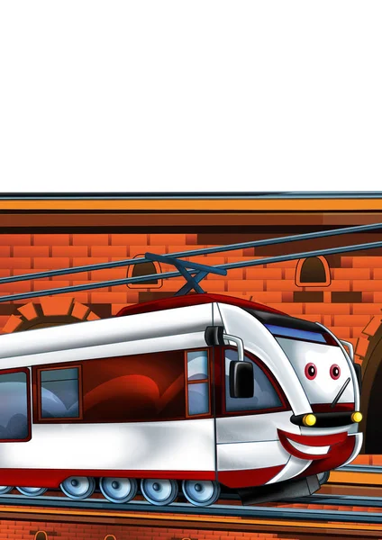 Cartoon grappig ogende trein op het station in de buurt van de stad op witte achtergrond - illustratie voor kinderen — Stockfoto