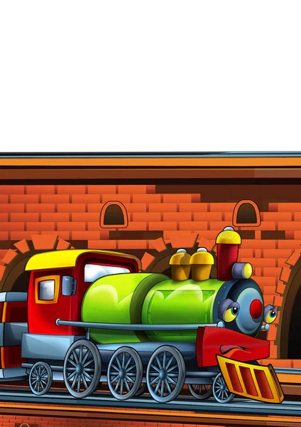 Cartoon lustig aussehender Zug auf dem Bahnhof in der Nähe der Stadt auf weißem Hintergrund - Illustration für Kinder — Stockfoto
