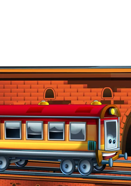 Cartoon funny looking train on the train station near the city on white background - illustration for children — Stock Photo, Image