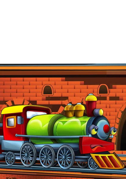 Мультфильм смешно выглядящий поезд на вокзале возле города на белом фоне - иллюстрация для детей — стоковое фото