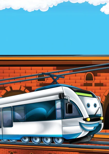 Tren de aspecto divertido de dibujos animados en la estación de tren cerca de la ciudad con espacio para el texto - ilustración para los niños —  Fotos de Stock
