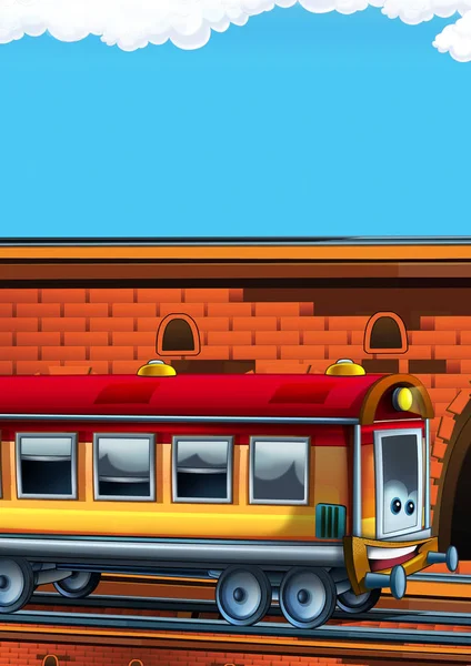 Tren de aspecto divertido de dibujos animados en la estación de tren cerca de la ciudad con espacio para el texto - ilustración para los niños —  Fotos de Stock