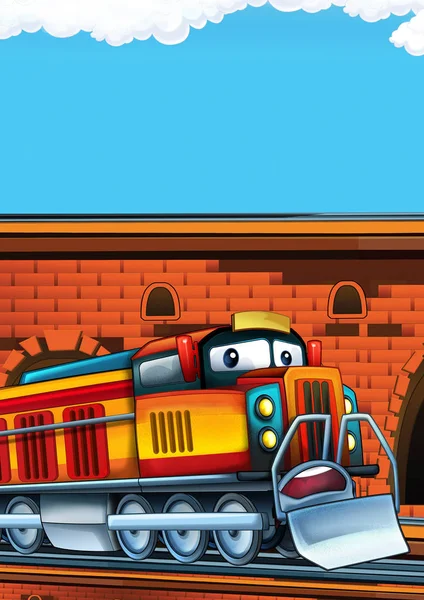 Cartoon lustig aussehender Zug auf dem Bahnhof in der Nähe der Stadt mit Platz für Text - Illustration für Kinder — Stockfoto