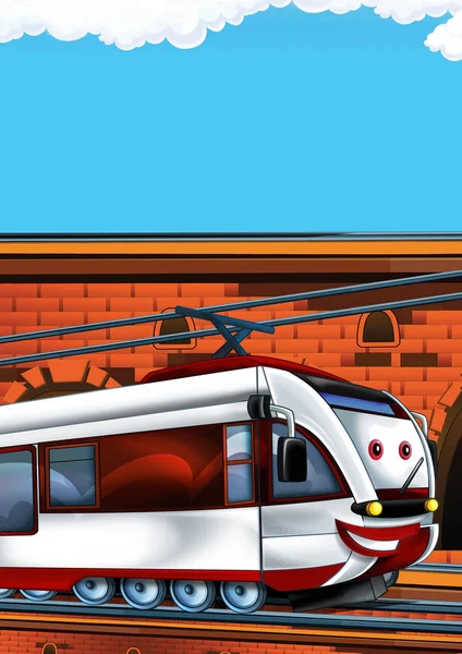 Cartoon funny looking train on the train station near the city with space for text - illustration for children — Stock Photo, Image