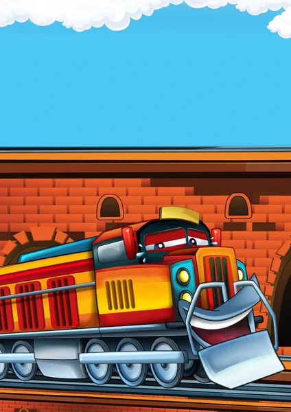 Cartoon funny looking train on the train station near the city with space for text - illustration for children — Stock Photo, Image