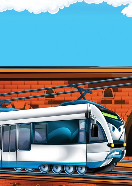 Cartoon grappig ogende trein op het station in de buurt van de stad met ruimte voor tekst - illustratie voor kinderen — Stockfoto