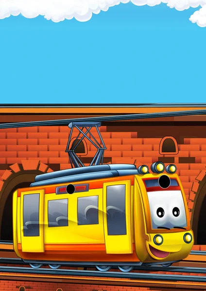 Cartoon funny looking train on the train station near the city with space for text - illustration for children — Stock Photo, Image