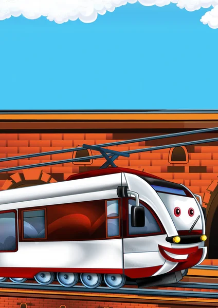 아이들을 위한 문자적 인 삽화가 들어 있는 공간 이 있는, 도시 근처 기차역에서 우스꽝스럽게 생긴 모습의 열차 — 스톡 사진
