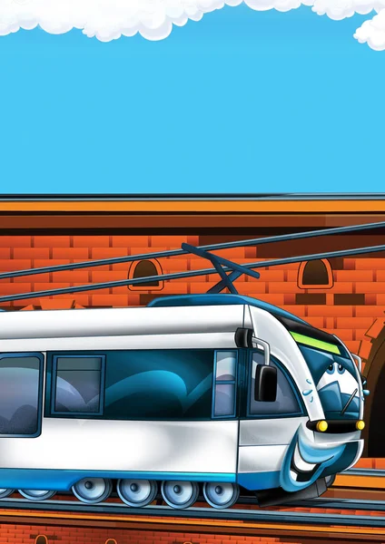 Cartoon funny looking train on the train station near the city with space for text - illustration for children — Stock Photo, Image