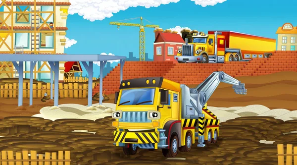 建設現場で業界車と漫画シーン-子供のためのイラスト — ストック写真