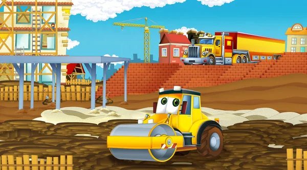 Scène de dessin animé avec des voitures de l'industrie sur le site de construction illustration pour les enfants — Photo