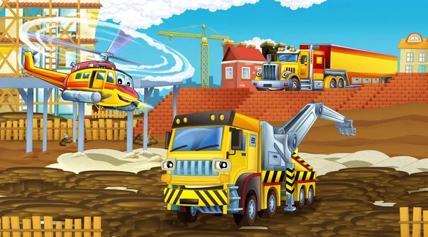 Cartoon scene met industrie auto 's op de bouwplaats en vliegende helikopter - illustratie voor kinderen — Stockfoto