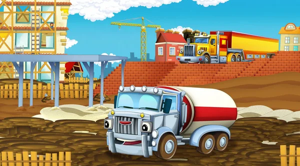 Cartoon-Szene mit Industrieautos auf Baustelle - Illustration für Kinder — Stockfoto