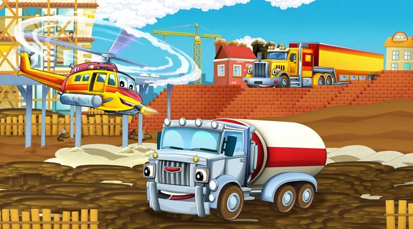 Scena dei cartoni animati con auto del settore in cantiere ed elicottero volante - illustrazione per bambini — Foto Stock