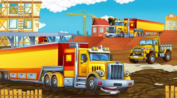 Scène de dessin animé avec des voitures de l'industrie sur le site de construction illustration pour les enfants — Photo