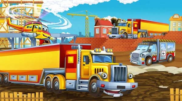 Scène de dessin animé avec des voitures de l'industrie sur le chantier et hélicoptère volant illustration pour les enfants — Photo