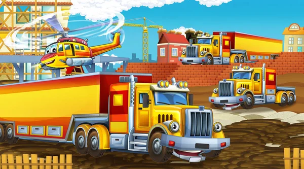 Tecknad scen med industribilar på byggarbetsplatsen och flygande helikopter - illustration för barn — Stockfoto