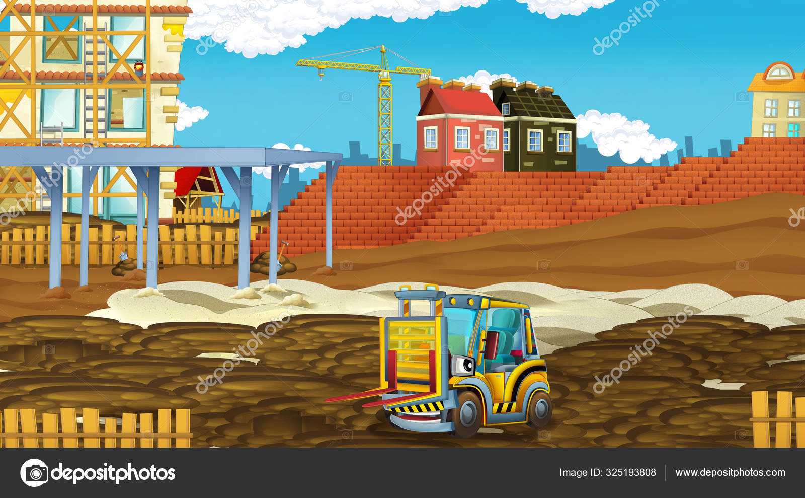建設現場で業界車と漫画シーン 子供のためのイラスト ストック写真 C Illustrator Hft
