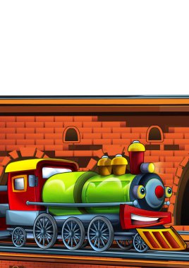 Şehrin yakınındaki tren istasyonunda beyaz zemin üzerinde çizgi film komik görünümlü tren - çocuklar için illüstrasyon