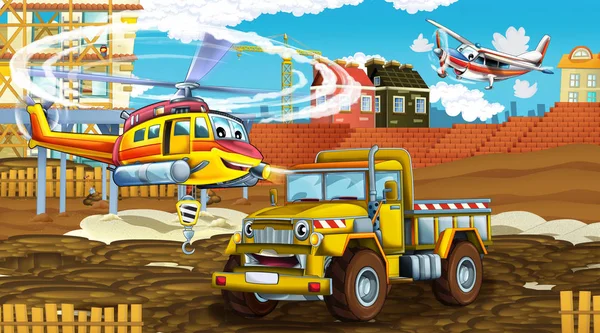 Cartoon scene met industrie auto 's op de bouwplaats en vliegende helikopter en vliegtuig - illustratie voor kinderen — Stockfoto