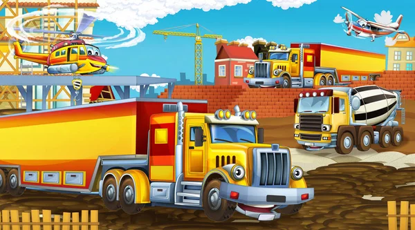 Zeichentrickszene mit Industrieautos auf Baustelle und fliegendem Hubschrauber - Illustration für Kinder — Stockfoto