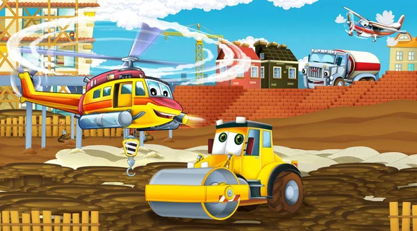 Cartoon scene met industrie auto 's op de bouwplaats en vliegende helikopter - illustratie voor kinderen — Stockfoto