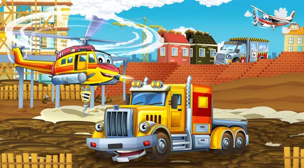 Scena dei cartoni animati con auto del settore in cantiere ed elicottero volante - illustrazione per bambini — Foto Stock