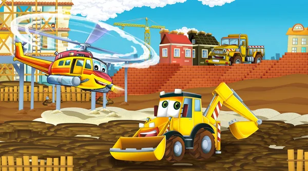 Escena de dibujos animados con coches de la industria en el sitio de construcción y helicóptero volador - ilustración para los niños — Foto de Stock